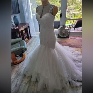 Wedding Dress with Tulle Skirt Beaded Lace and Illusion Back Mermaid